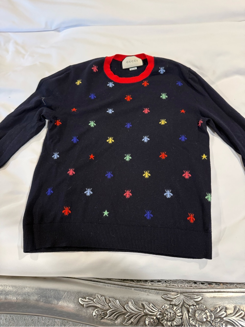 Gucci Navy Multicolor Bee Embroidered Wool Crewneck Sweater Small Italy